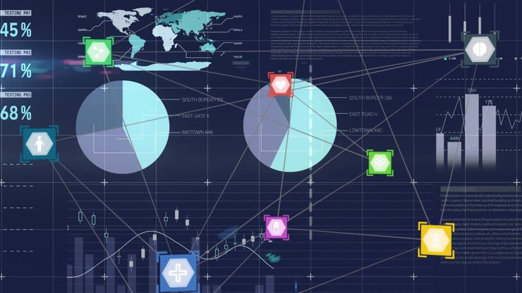Animation of financial data processing over blue background