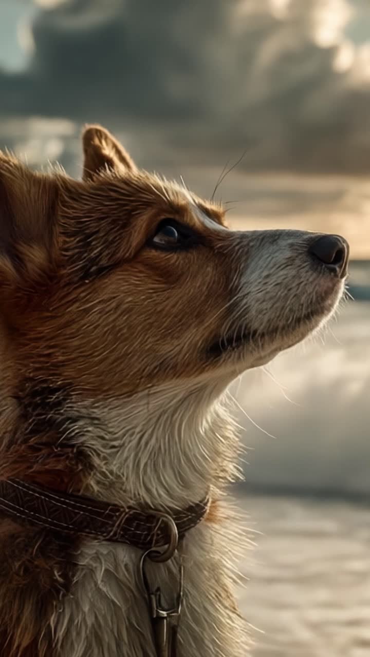 Un maestoso Corgi guarda verso l'orizzonte, catturando l'essenza di serenità e gioia in uno splendido paesaggio marino al tramonto.