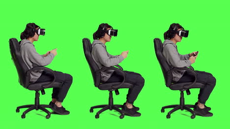 un adulto disfruta de un juego telefónico con un casco vr.