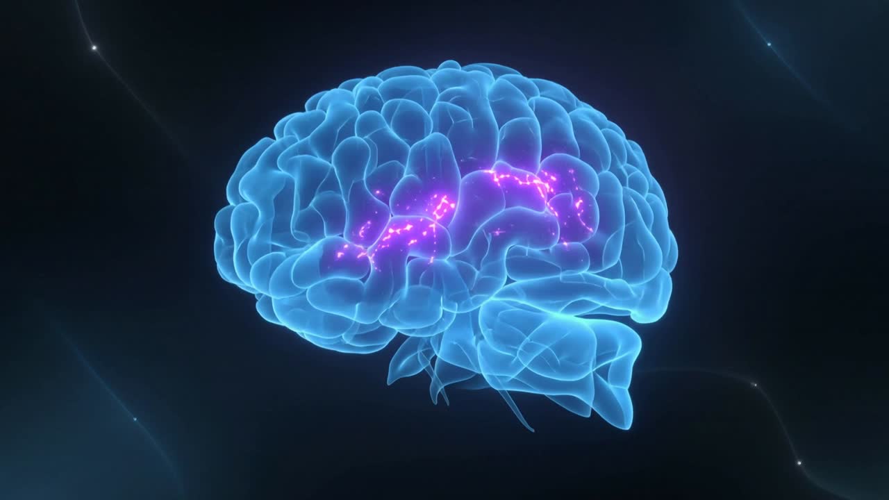 Rotating cyan brain model responding to playback in digital studio, magenta activations spreading