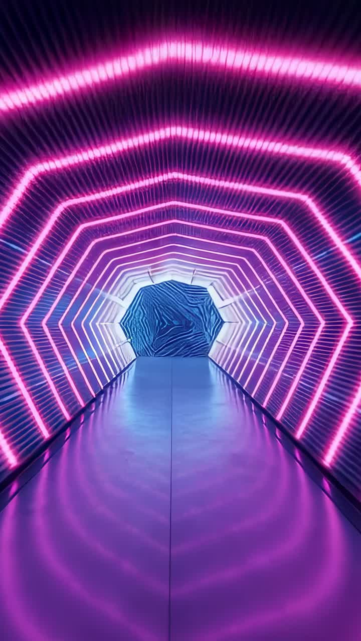 Vertical video: Start camera gliding through neon hexagon tunnel revealing portal in gallery