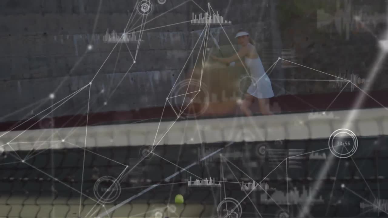 테니스 코트에서 여성 테니스 선수에 대한 연결 네트워크의 애니메이션