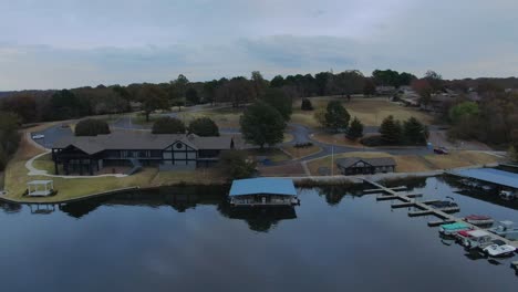 aerial view of retirement community lake marina club house