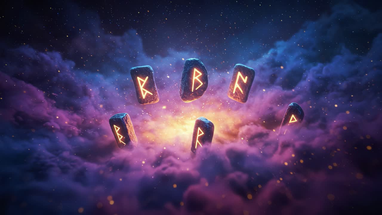 Mystical Rune Symbols Floating Amidst Cosmic Cloud with Illuminated Glows, Encapsulating Ancient Energy and Symbols of Knowledge and Power