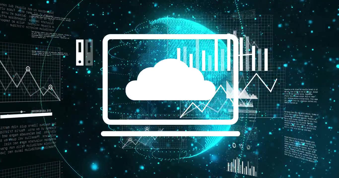 Opening on rotating globe fading cloud-laptop icon sliding charts building analytics interface