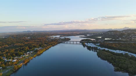 Aerial-View-Of-Pacific-Motorway-M1-Road-Across-Tweed-River-In-Fingal-Head,-NSW-At-Sunset