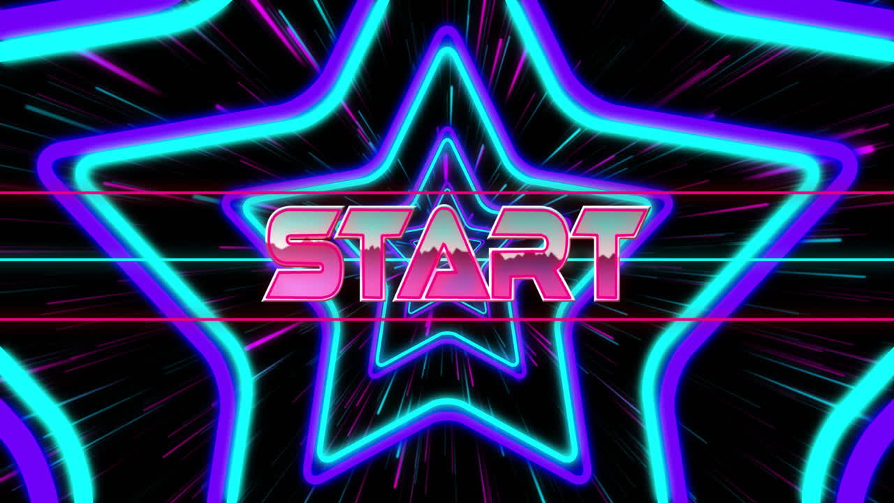 Neon star shapes with START text in vibrant retro style animation
