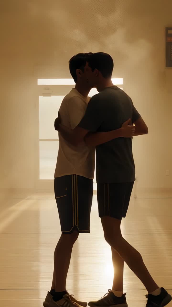 Video verticale: Adulti che si avvicinano in abbigliamento sportivo stringendosi la mano su un campo illuminato dal sole, con spirito sportivo.