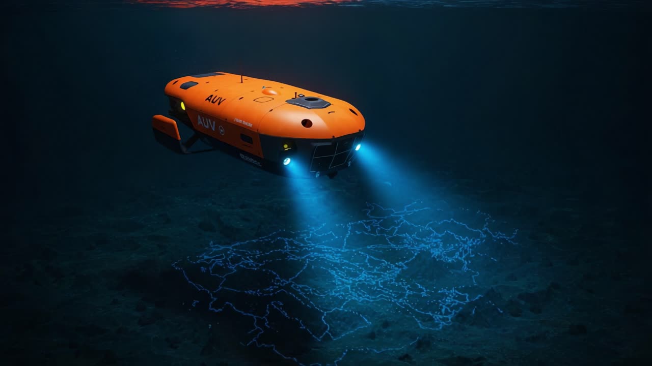 Exploring the Depths: A State-of-the-Art Underwater Autonomous Vehicle Navigating Dark Ocean Waters with Bright LED Lights to Illuminate Seafloor Patterns