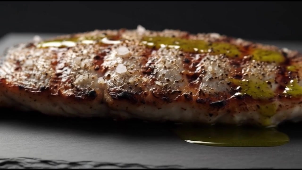 Filetto di pesce alla griglia irrorato con olio d'oliva su piatto di ardesia