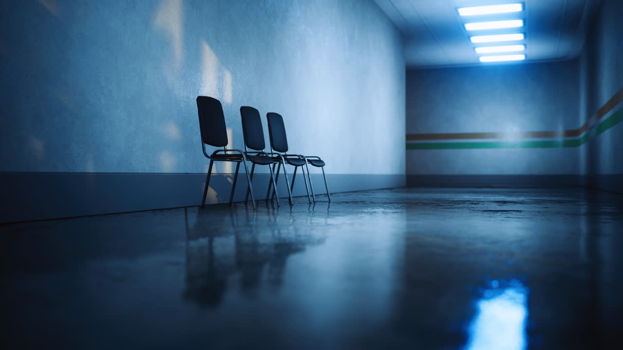 Empty corridor with chairs and reflective floor creating a quiet atmosphere