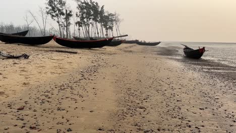 Filas-De-Barcos-Pesqueros-Mantenidos-Cerca-De-La-Costa-De-Una-Playa-Con-Pocos-árboles-Detrás-De-Ellos-Durante-La-Noche-En-Bengala,-India