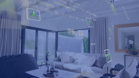 green energy icons animation over modern living room with large windows and sofas