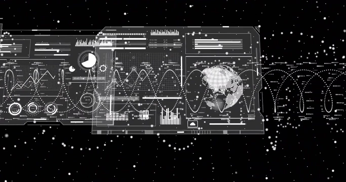 Dotted sine-wave initiating panels sliding, dashboards forming central composite visualizing data
