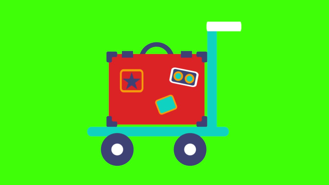 4k 녹색 스크린에 고립 된 가방과 함께 공항 트롤리의 다채로운 간단한 애니메이션
