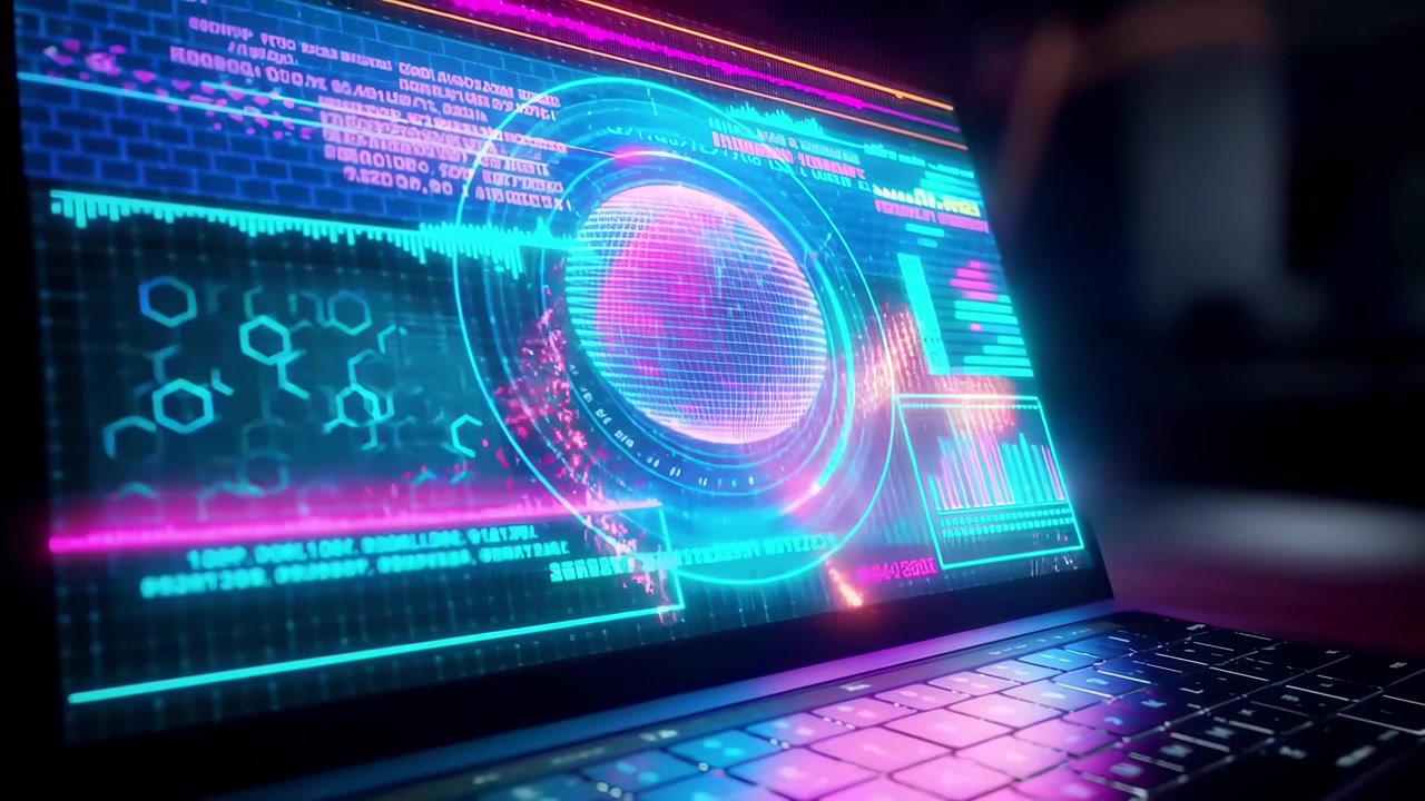 Laptop Displaying Futuristic Digital Data Visualization and Cyber Security Interface