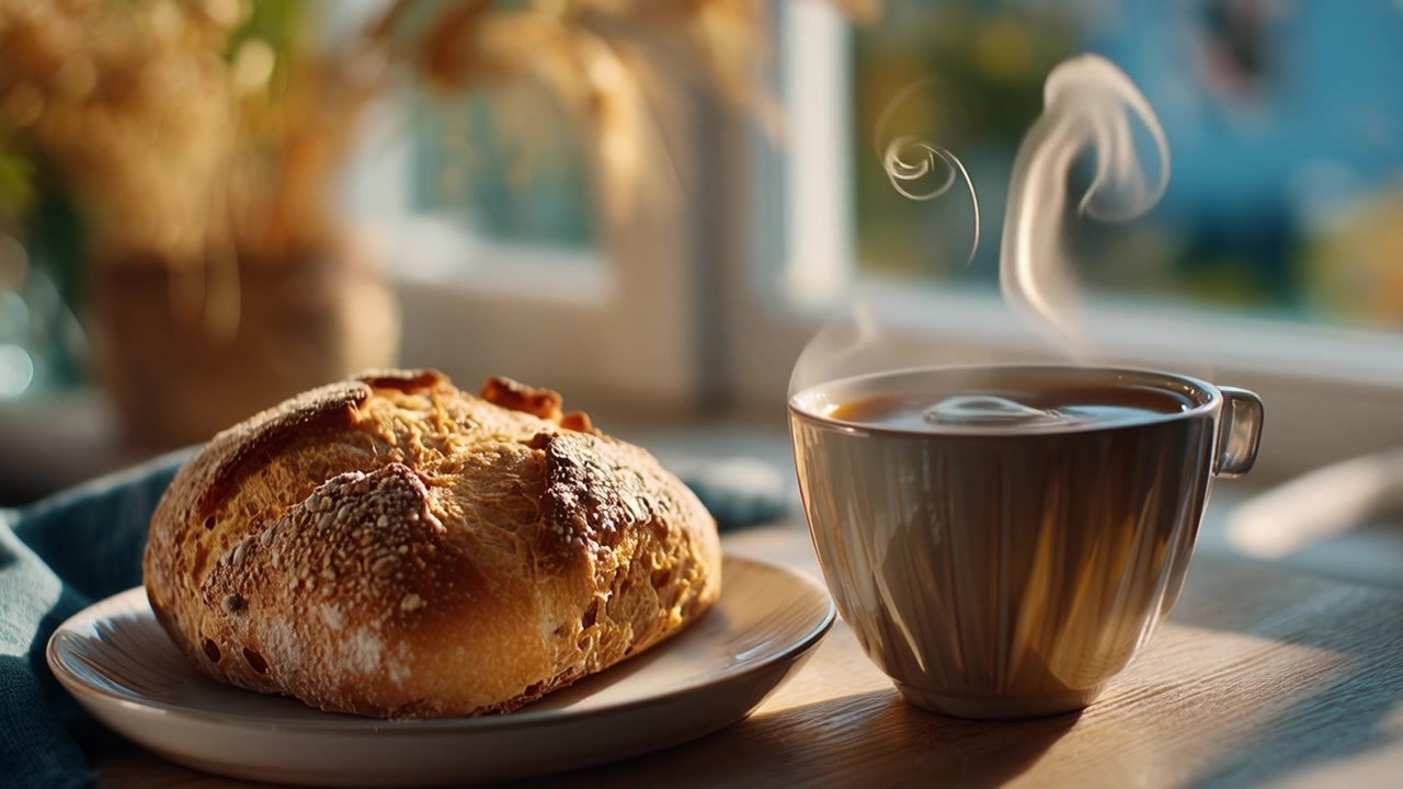 Friskbagt brød og dampende kaffe i morgensolens skær