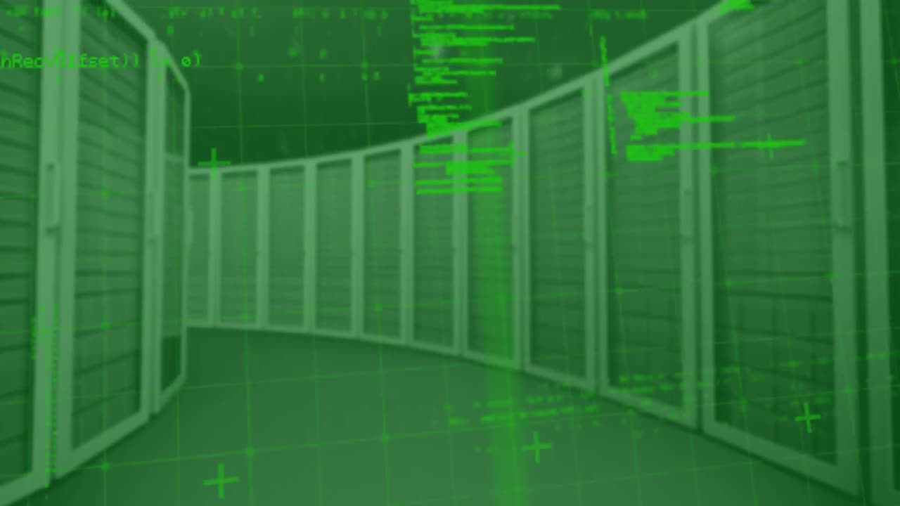 Animation of data processing over computer servers on green background