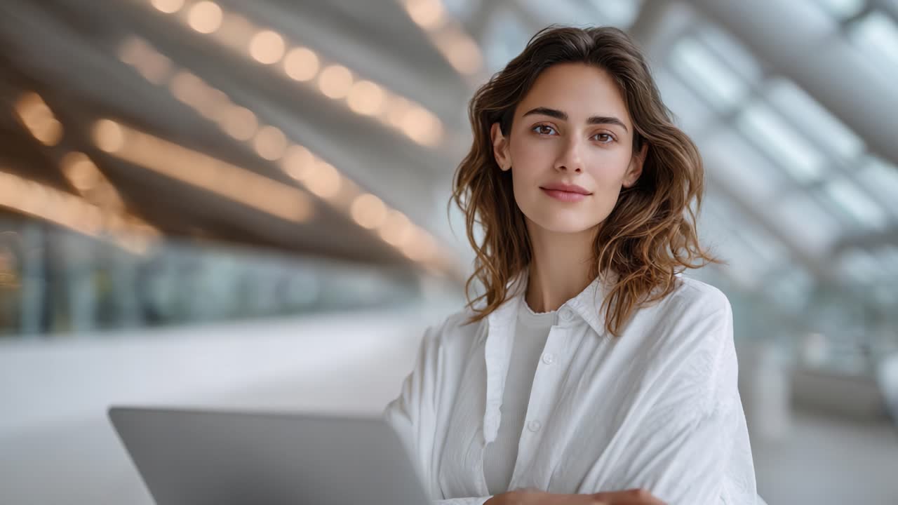 Una giovane donna riflessiva in uno spazio moderno, concentrata sul suo portatile, che trasmette sicurezza e curiosità, circondata da una tenue illuminazione ambientale