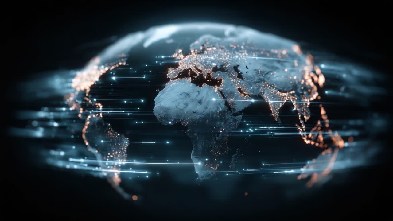 A Dynamic Visualization of Earth with Illuminated Cities and Flowing Data Streams, Highlighting Global Connectivity and Geographical Features in Motion
