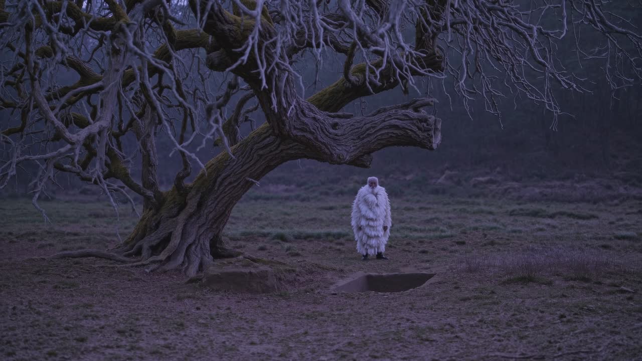 Ethereal figure draped in white stands beneath a gnarled tree, capturing the haunting beauty of nature's stillness in a misty twilight scene
