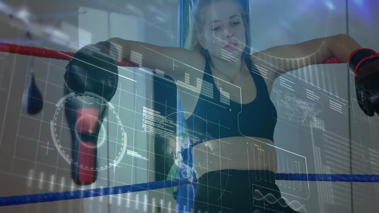 Female boxer leaning against ring ropes, displaying futuristic sports HUD charts, graphs and map