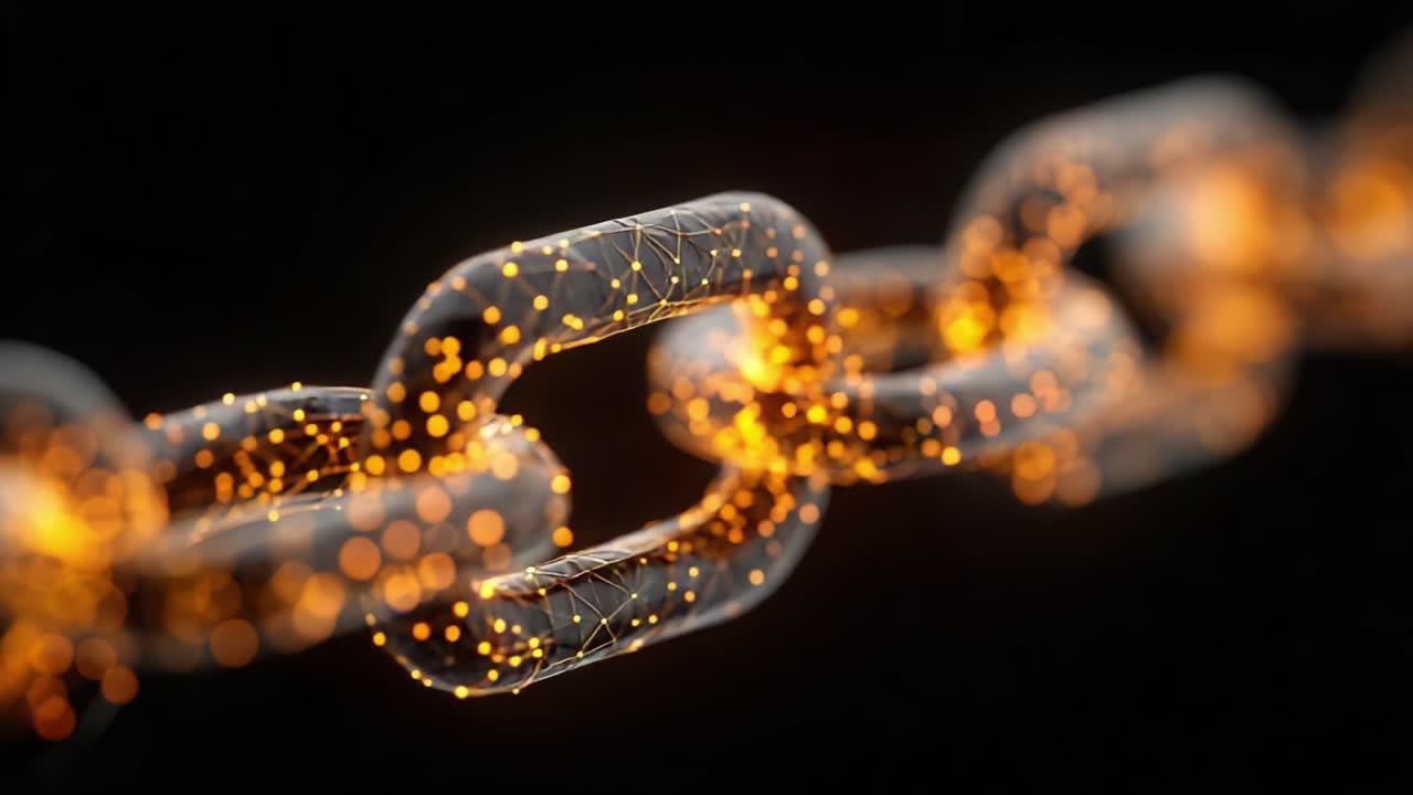 A Close-Up View of a Futuristic Chain Symbolizing Connectivity and Network Strength with Glowing Particles and a Dark Background