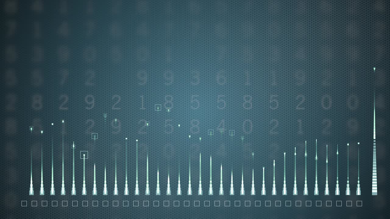 HUD graph with rising up nd falling down candle bars diagram over digital blue background.