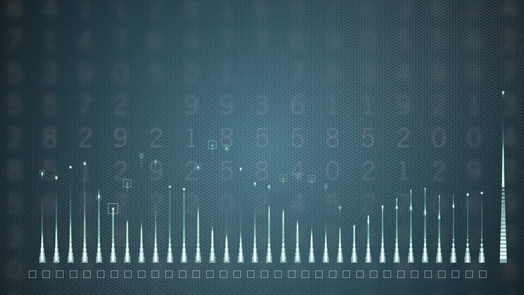 HUD graph with rising up nd falling down candle bars diagram over digital blue background.