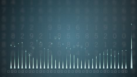 HUD graph with rising up nd falling down candle bars diagram over digital blue background.