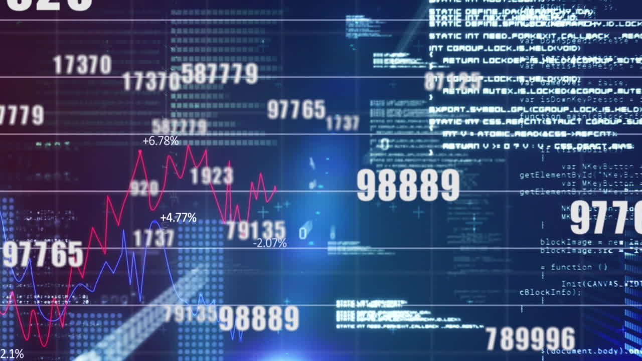 Animation of financial data processing over grid on dark background