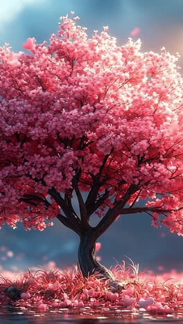 cherry blossom tree surrounded by hearts. a vibrant cherry blossom tree stands in a serene landscape, surrounded by floating hearts and soft light at dusk.