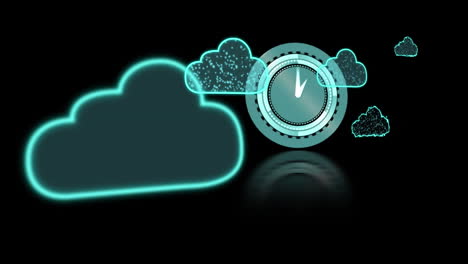 animación de iconos de nubes con escaneo de alcance con reloj en fondo negro