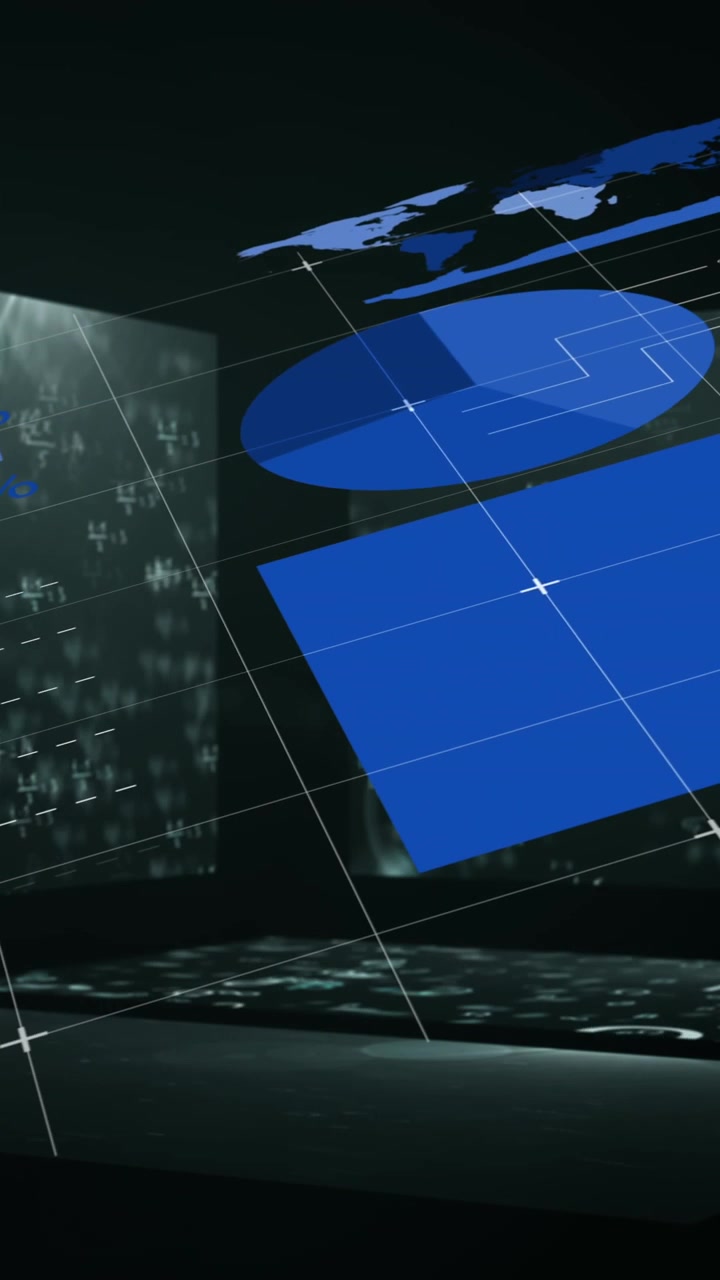 Animation of statistics and data processing over black background