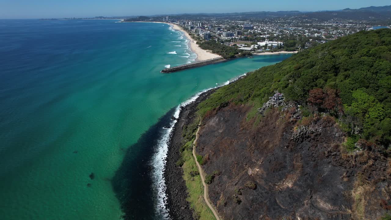 Half Burned Forest Mountain Of Burleigh Heads On The Gold Coast In Queensland, Australia. Aerial Drone Shot
