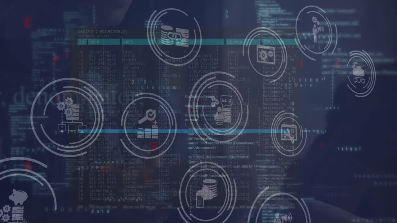 animación de múltiples iconos digitales y procesamiento de datos contra un fondo azul
