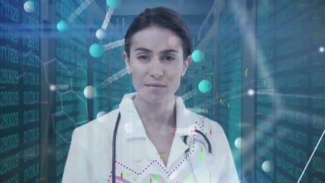 Female-doctor-with-DNA-strand,-computer-servers,-data-processing-and-network-of-connections-in-the-b