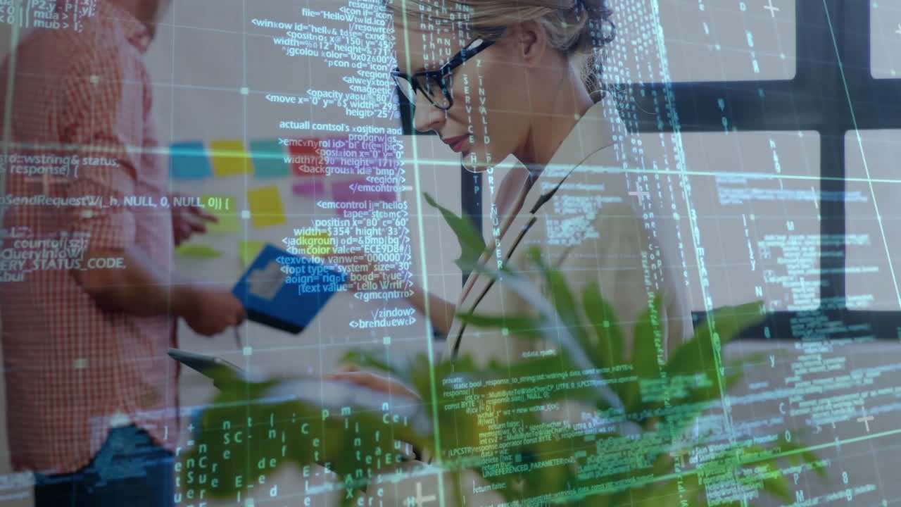 Business professionals collaborating over digital code and data processing animation