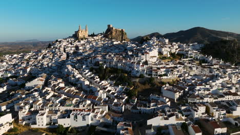 Aerial-View-Of-Olvera-Town-During-Sunrise-In-Cadiz-Province,-Andalusia,-Spain