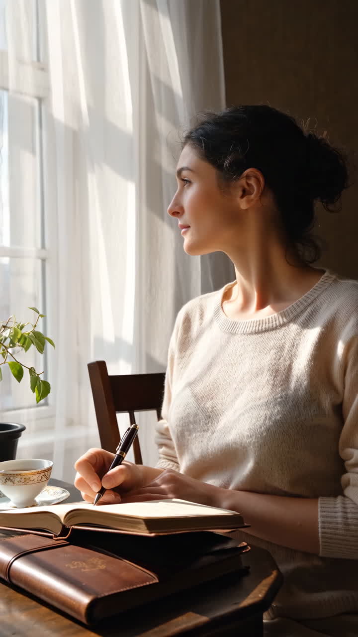 Woman writing in a journal by a sunlit window | Premium Stock Video Footage