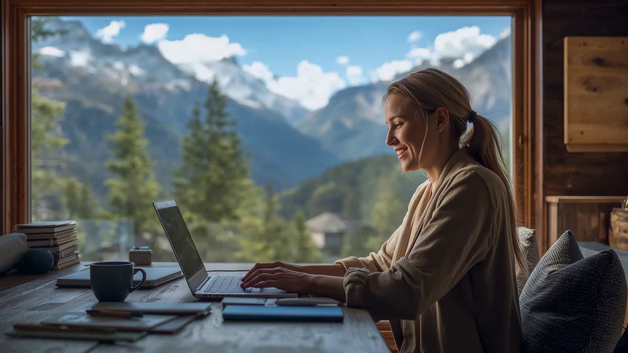 Typing woman wearing sweater, earbuds, leaning forward at cabin desk, working on laptop, copy space
