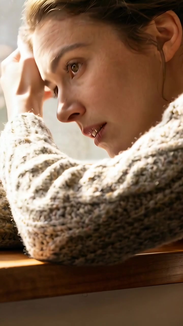 Vertical video: Resting woman lifting head and inhaling as soft light hits window in chunky sweater