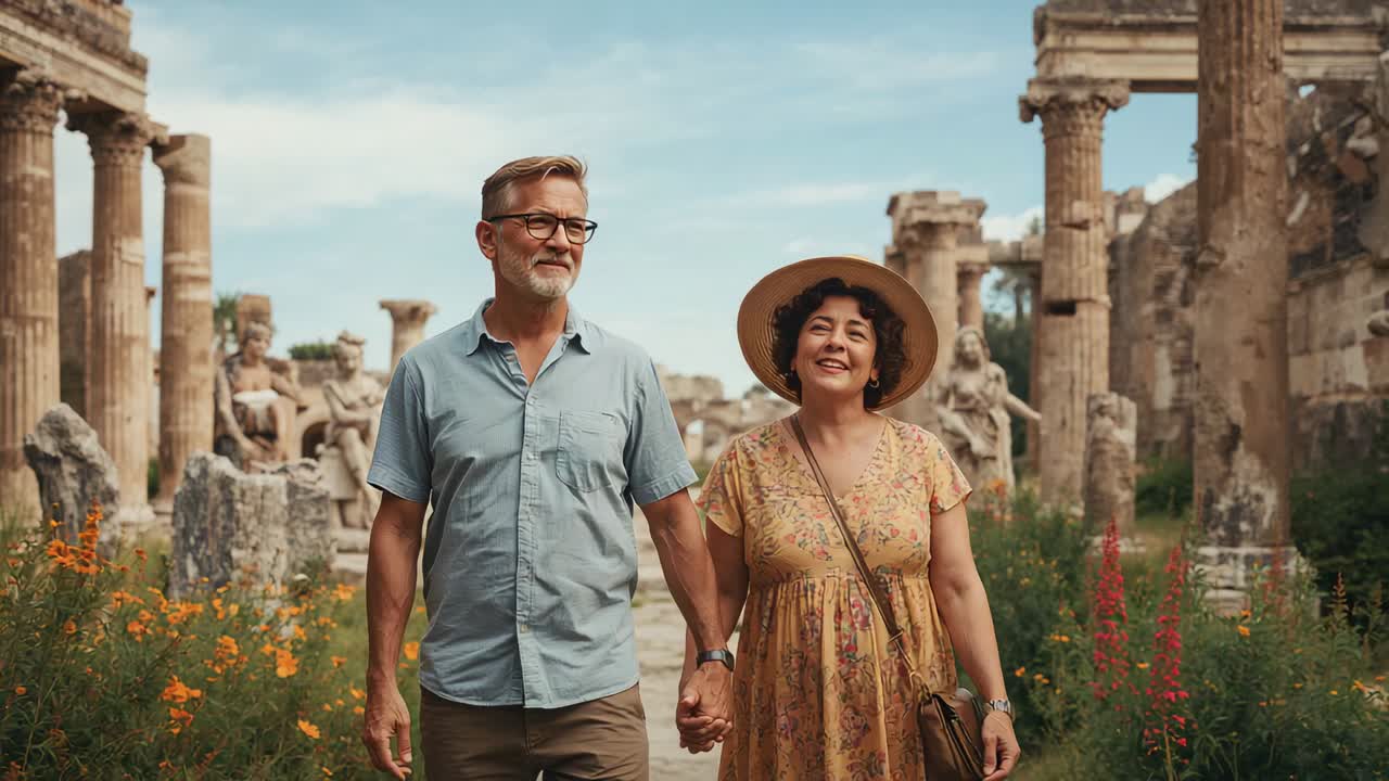 Entering frame, walking senior couple touring ruins along path to camera, holding hands, straw hat