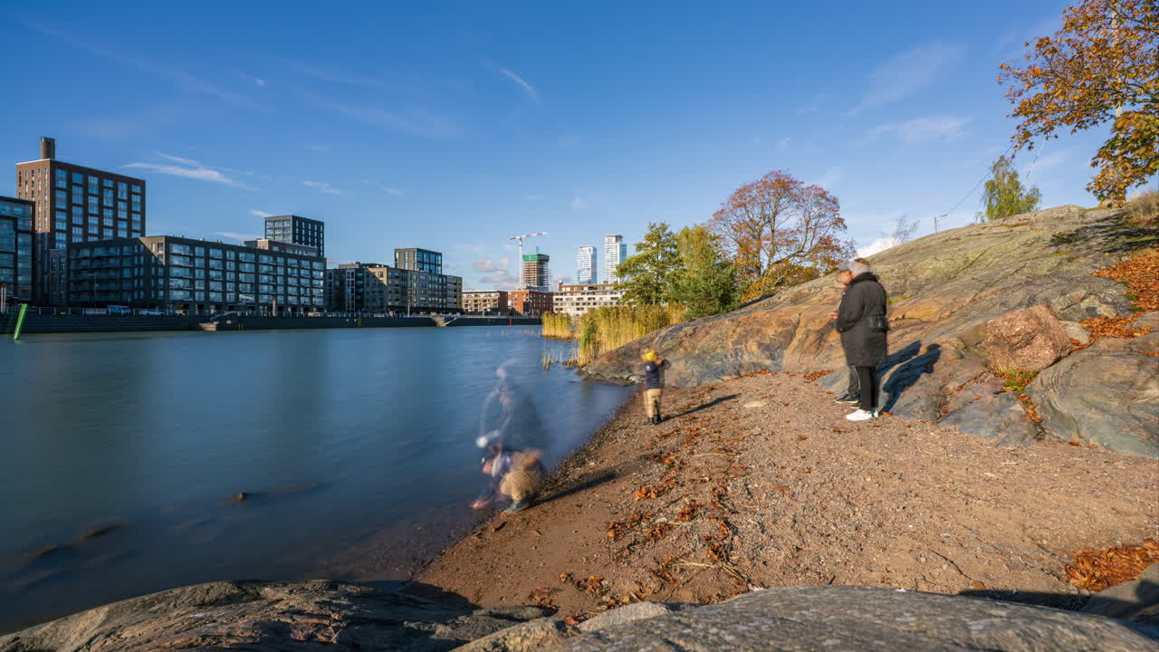 Timelapse of a quiet beach on the Mustikkamaa island, fall sunset in Helsinki