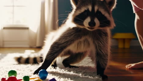 raccoon playing with toys in a child's room