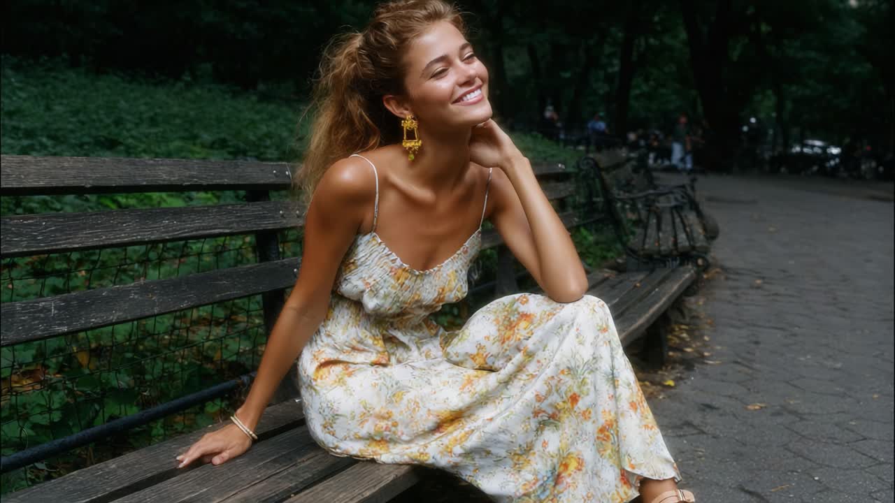 A Joyful Moment in Nature: Captivating Beauty and Graceful Elegance Depicted in Two Stunning Frames of a Young Woman Enjoying a Serene Park Experience