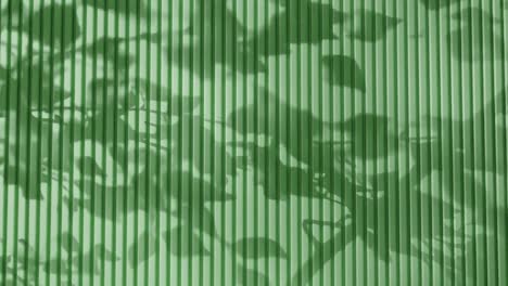 shadow of tree branches and leaves on vertical green corrugated metal wall. abstract natural light and linear pattern background. design for wallpaper, banner, postcard, greeting card, poster, header.