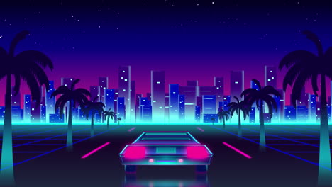 animación de la carretera con cielo azul y rosa por la noche