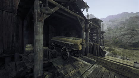rustic wood storage area nestled in a mountainous landscape during the day