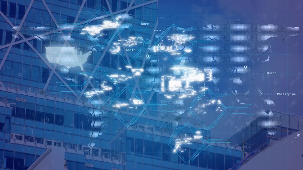 도시 풍경 위의 데이터 처리 애니메이션